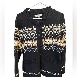 LOFT Black Fair Isle Button-Up Cardigan with Cream and Tan Accents
